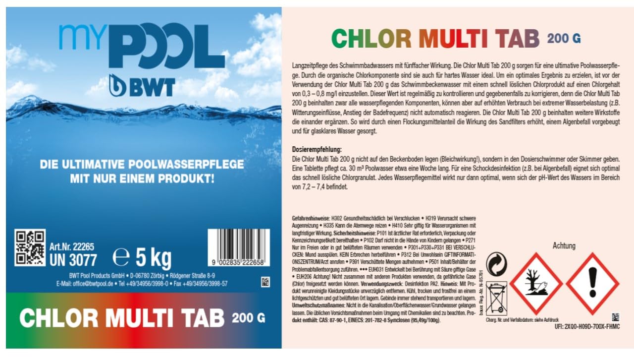 zbs24 Chlor Multi Tabs 200gr. Tabletten im 5 kg Eimer - 3in1 Produkt gegen Algen - Chlordesinfektion - Flockungsmittel