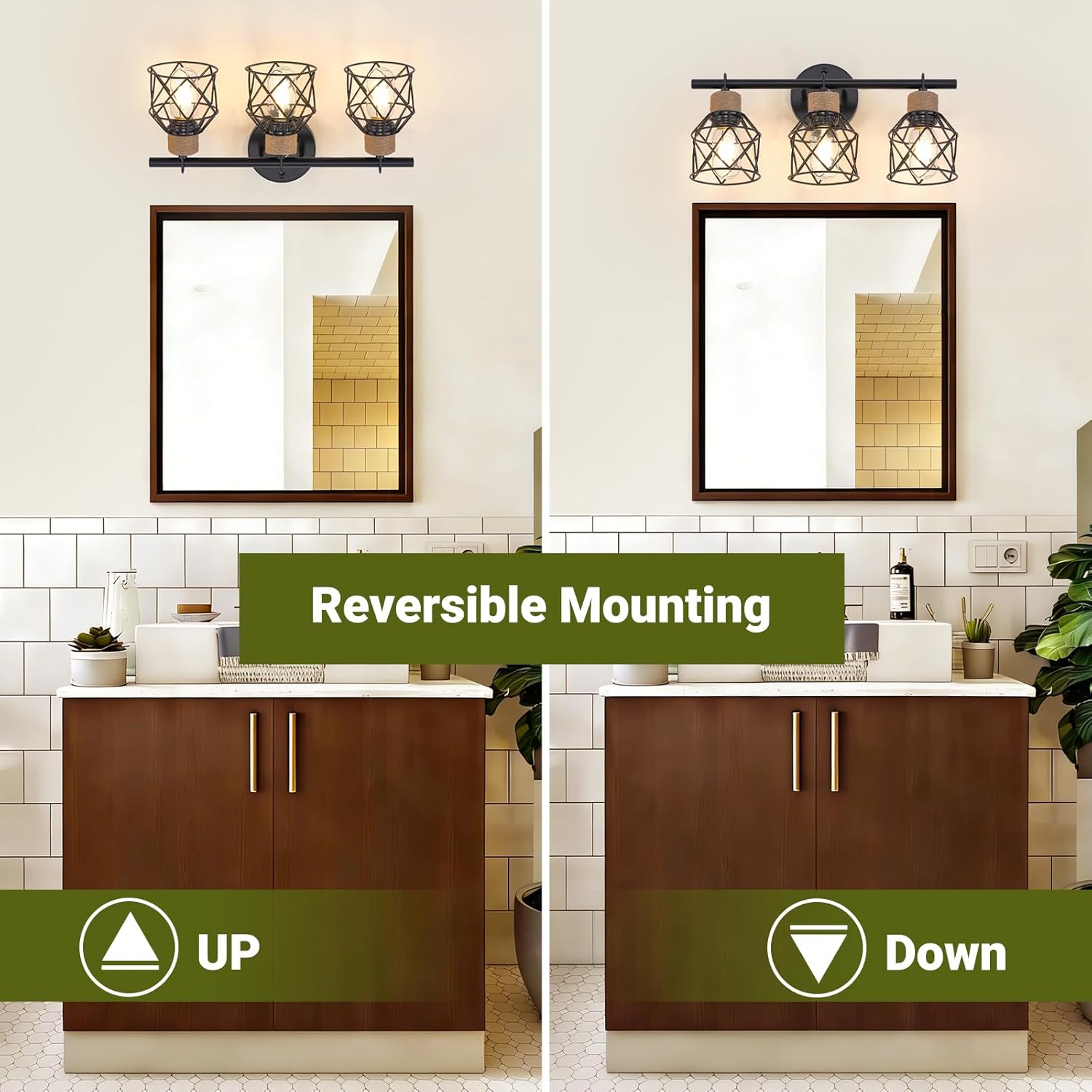 3-Light Farmhouse Bathroom Vanity Light Fixtures Over Mirror, Matte Black Vanity Lights with Metal Cage Lampshade, Vintage Bathroom Sconces Wall Lighting for Living Room Bedroom Hallway Cabinet