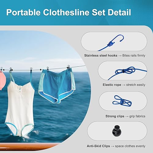 Miniatura 5 de Paquete de 2 tendederos portátiles para acampar con 12 clips, kit de tendedero retráctil azul resistente al viento para viajes, campamento, hogar,