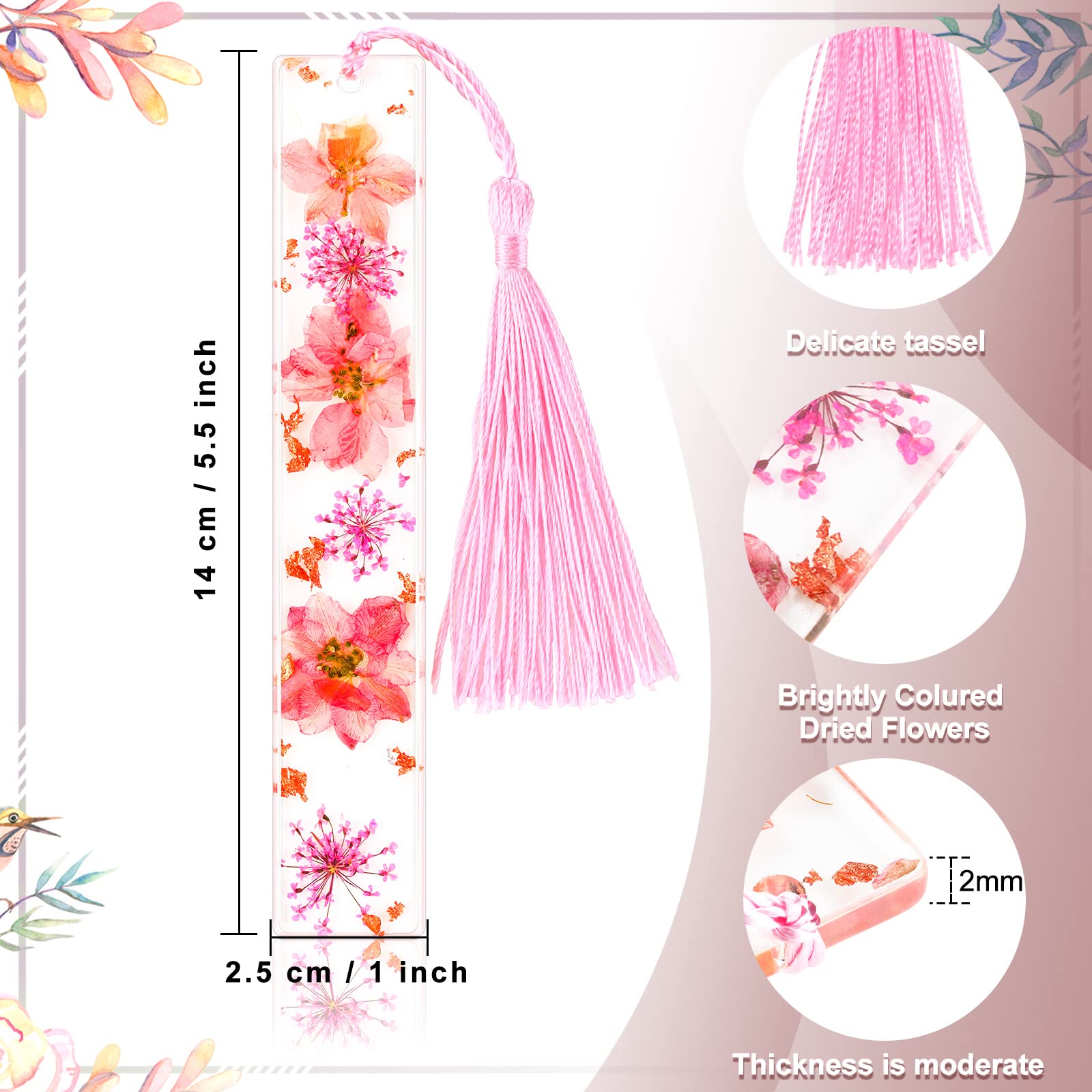 Lot De 2 Marque-pages Résine Avec Fleurs Séchées Et Pompon - Design Floral Scintillant - Noir Et Blanc - Longueur 14 Cm - Cadeau Pour Lecteurs