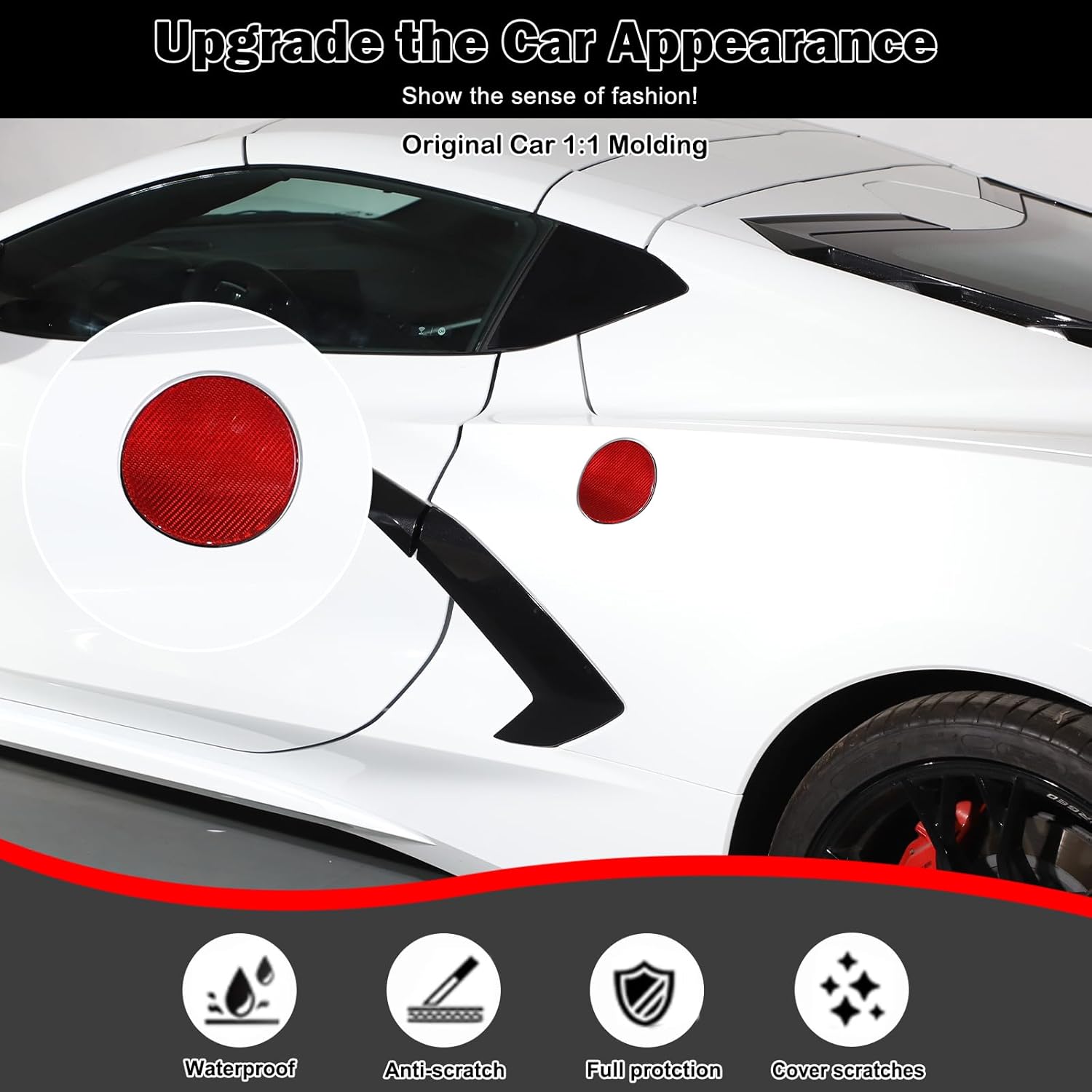 Car Fuel Tank Gas Door Cover Trim for Corvette C8 2020-2024 Real Carbon Fiber Oil Gas Cap Exterior Accessories Decoration Sticker (Red Style, Standard)