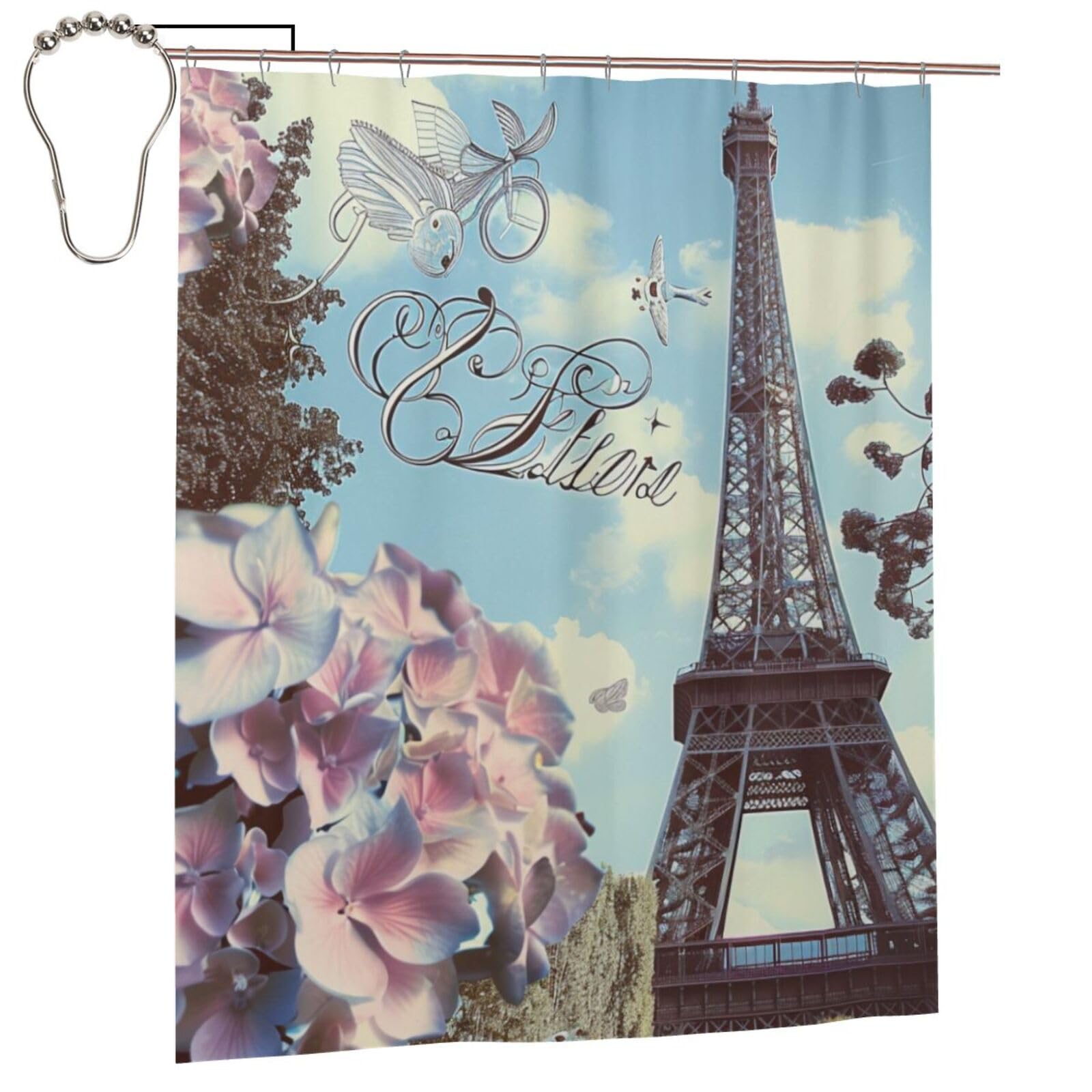 BWWHCCTI Paris Eiffel Tower Flowers Printed Shower Curtain With 12 Iron Hooks Opaque Quick Drying Waterproof Shower Curtains Sets For Bathroom 152x183 Cm