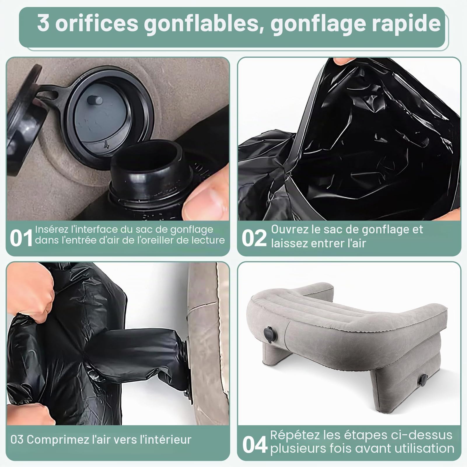 Wakects Oreiller de Lecture Gonflable, Oreiller de Bureau en PVC, Grand Oreiller de Jeu pour Genoux, Floquée, Oreiller Doux pour Accoudoir D'ordinateur Portable avec 3 Trous