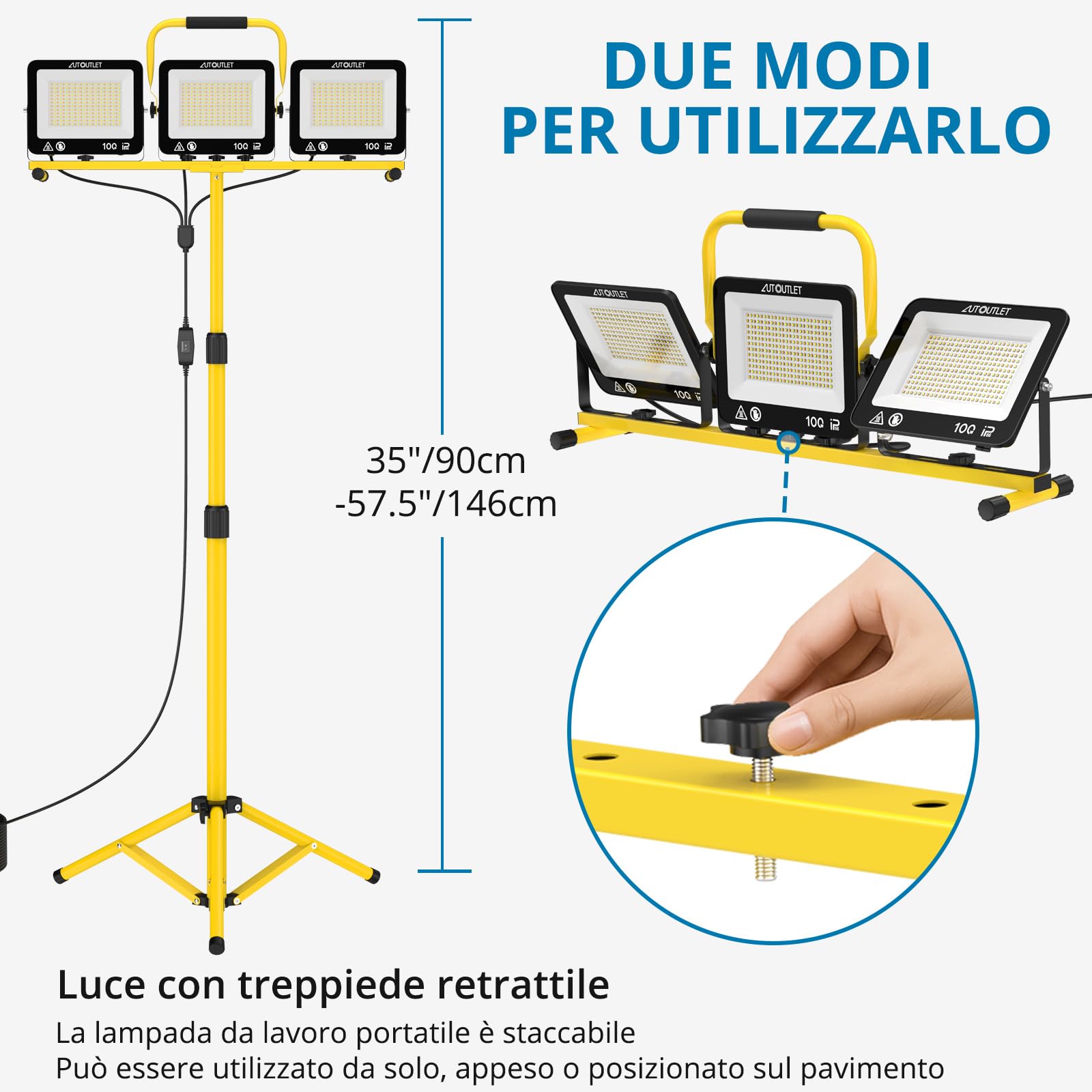 AUTOUTLET Faretto da Cantiere con Treppiede Allungabile,3x 100W 27000LM Faro Led Ricaricabile con 3 Temperature Colore e Cavo di Alimentazione da 5 M,IP66 Impermeabile,per Garage Officina e Esterno