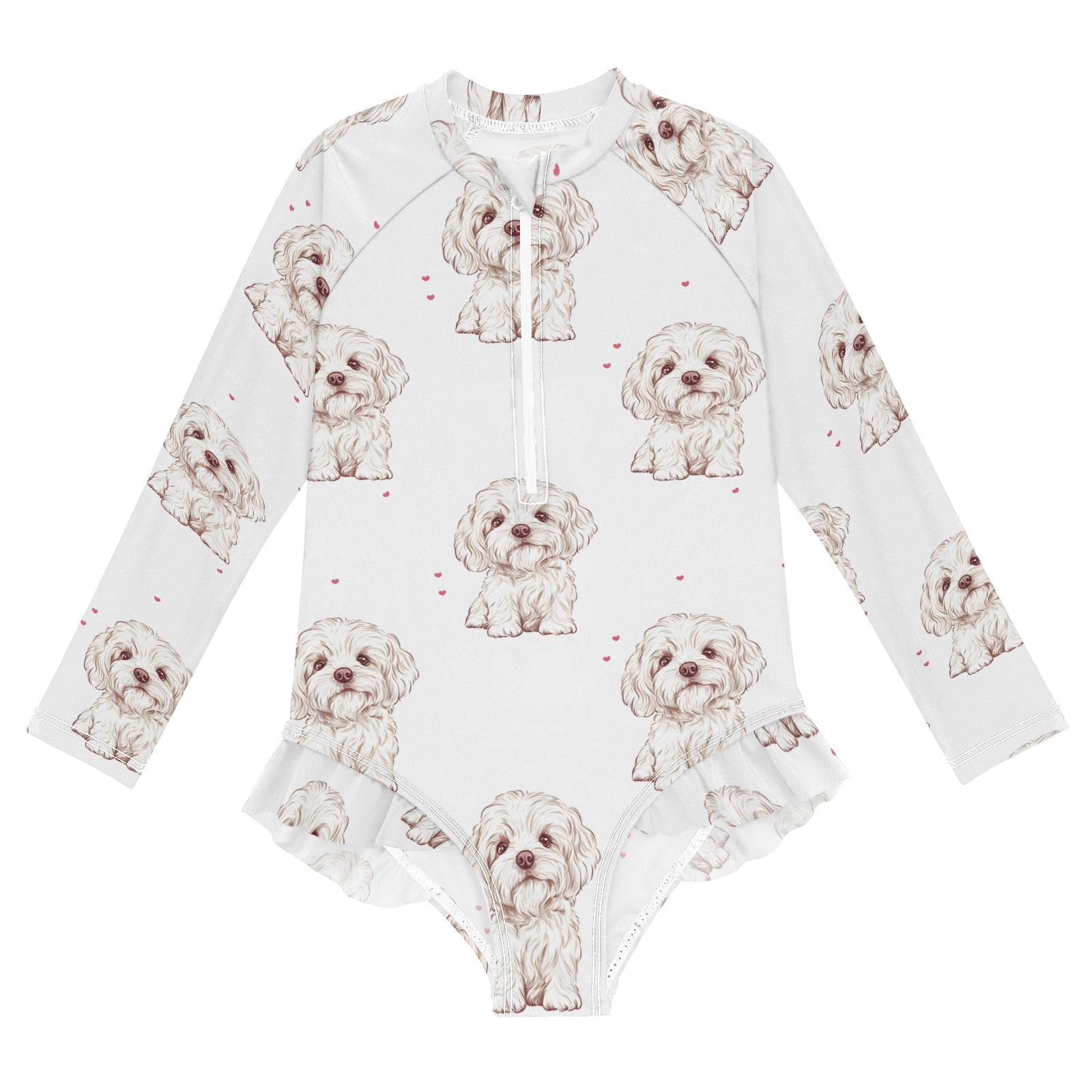 ALAZA Swimsuit for Girls Long Sleeve Rashguard Bathing Suit Puppy Dog White Quick Dry 4T