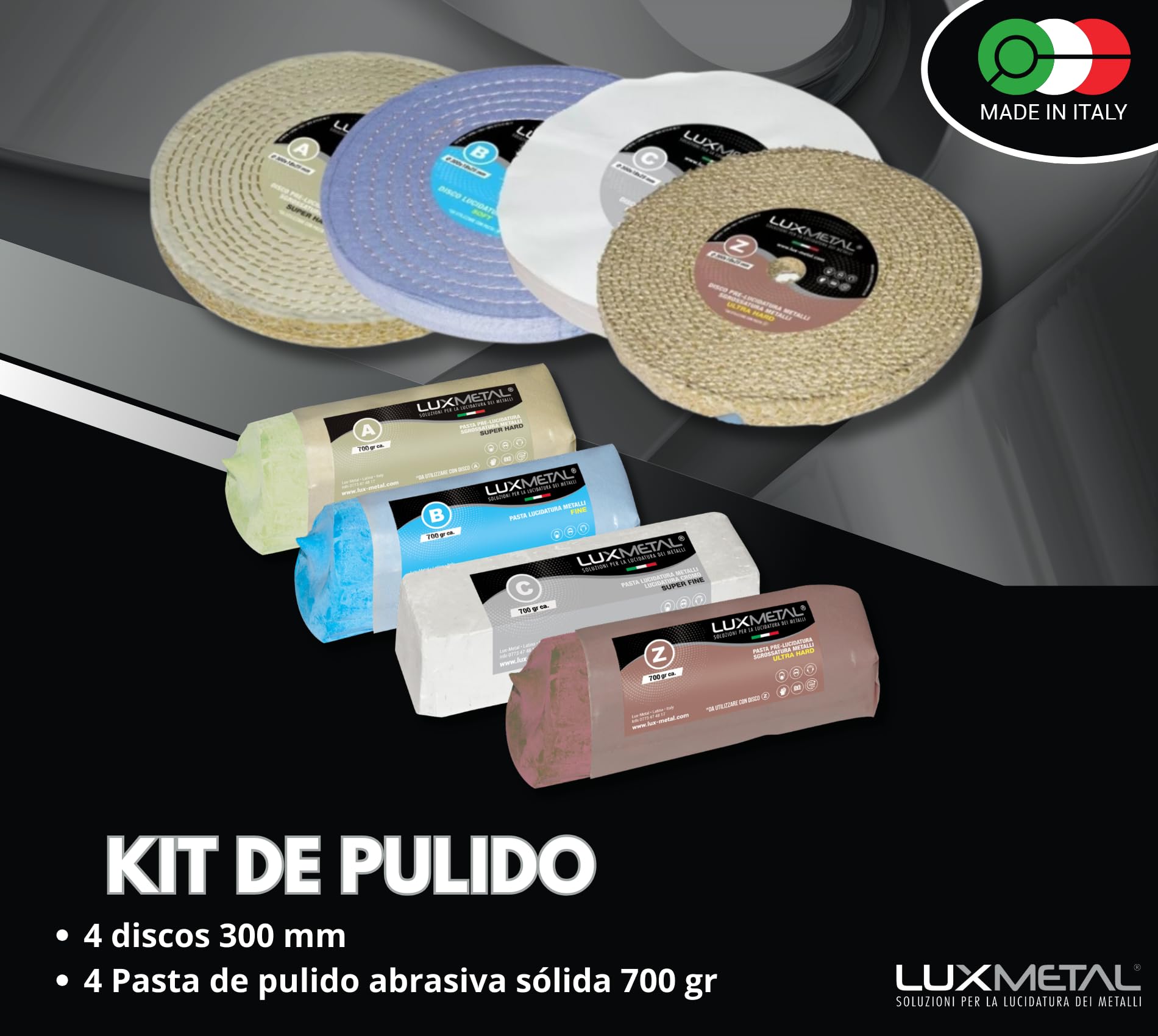 Lux Metal - Kit con 3 discos pulidores de 300 mm y 3 pastas abrasivas pulidoras de 700 gr - Para aluminio, hierro, acero inoxidable, bronce mármol Rueda de pulido para metales muela esmeriladora