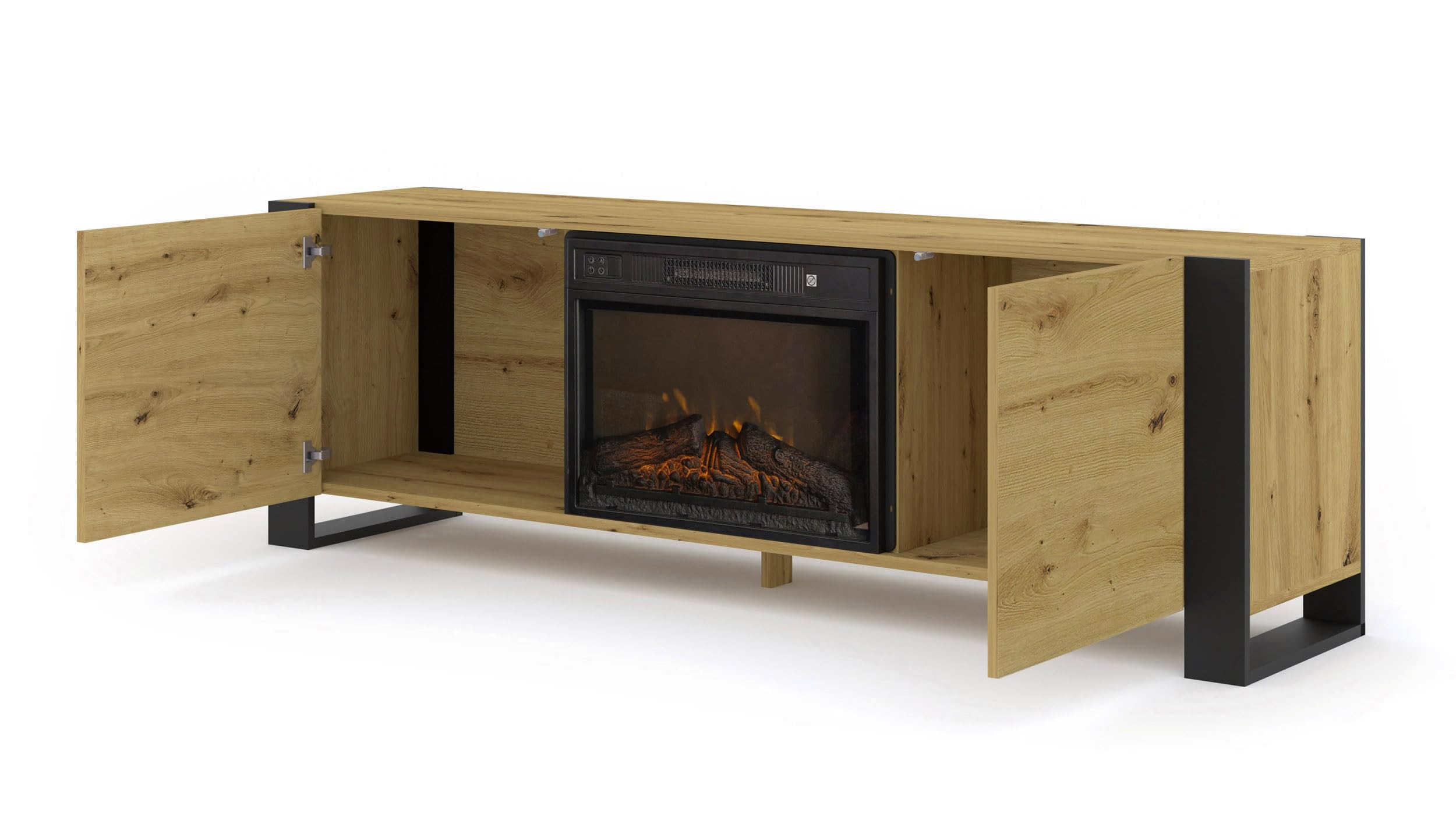 Homlando TV Schrank mit Elektrokamin 180 cm, Lowboard Fernsehtisch für Wohnzimmer, RTV Schrank in Eiche Artisan, modernes TV Möbel mit Kamin, Medienkonsole MONDI