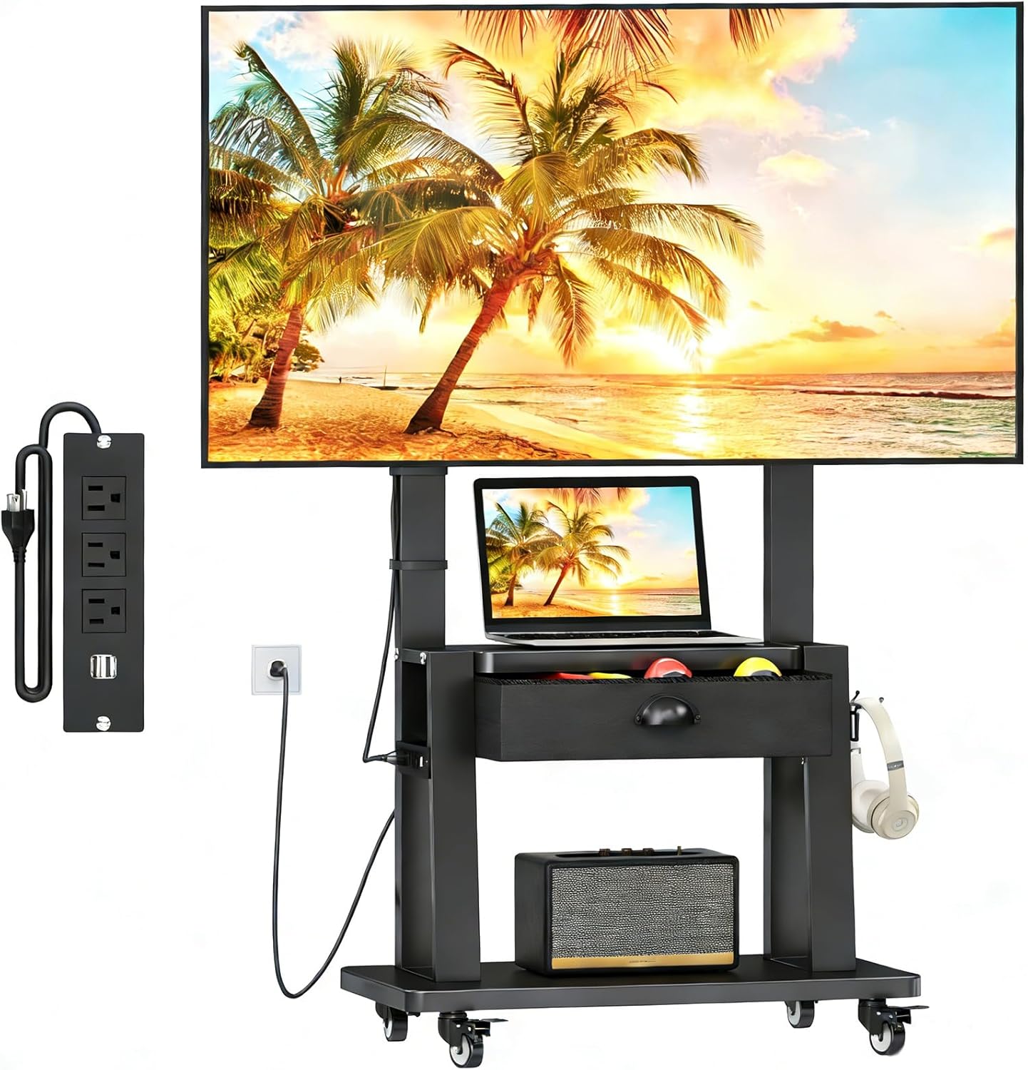 Rolling TV Stand with Power Outlet,TV Cart with Fabric Drawer for 23-75 inch Flat/Curved Screen Up to 120lbs,Adjustable Height Mobile TV Stand with Wheels,for Indoor Outdoor,Max VESA 600x400mm