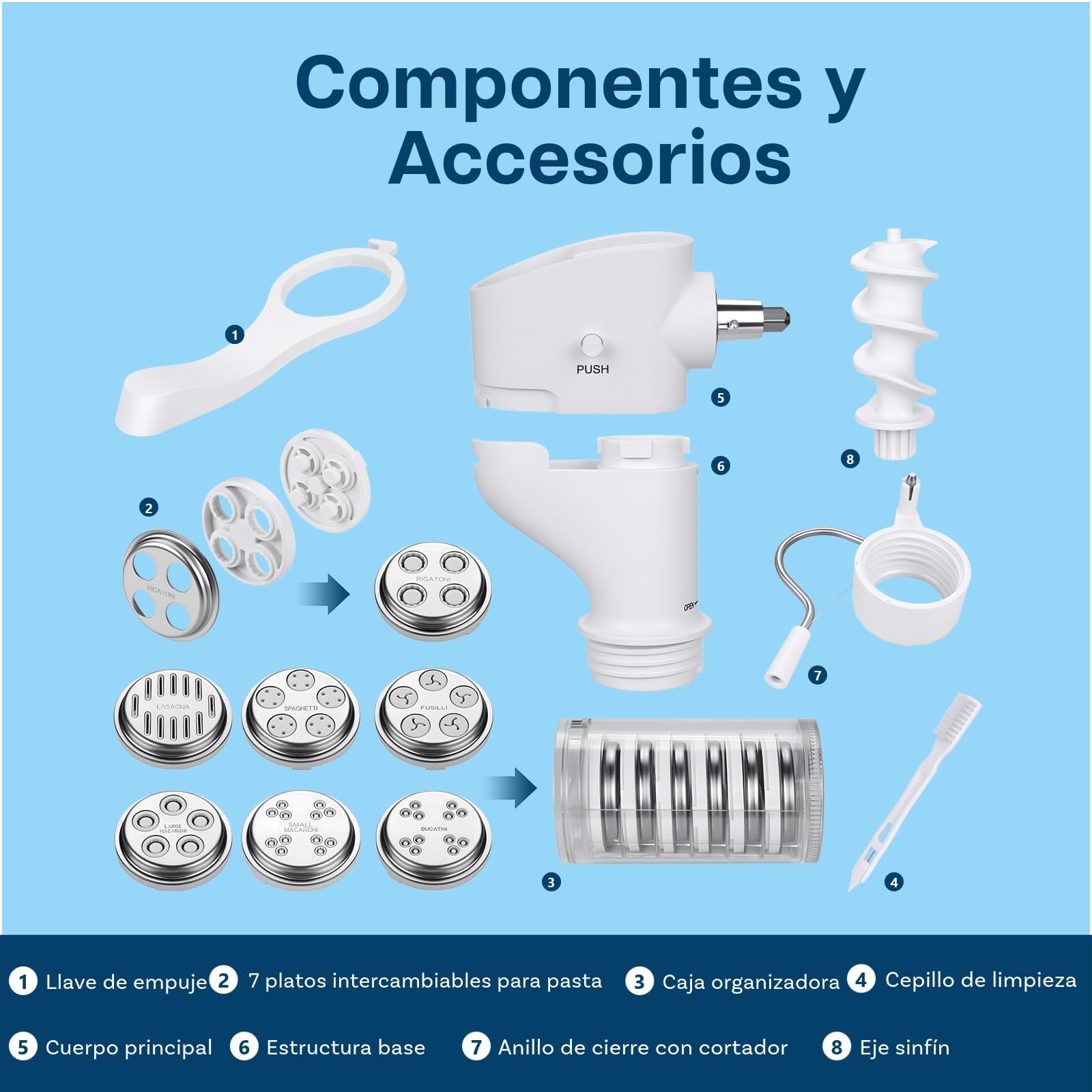 Accesorio Prensa de Pasta para KitchenAid Batidoras de MMOBIEL – Máquina para Hacer Pasta con 7-in-1 Placas Intercambiables para Fusilli, Rigatoni, Espagueti, Bucatini, Fettuccine y Macarrones