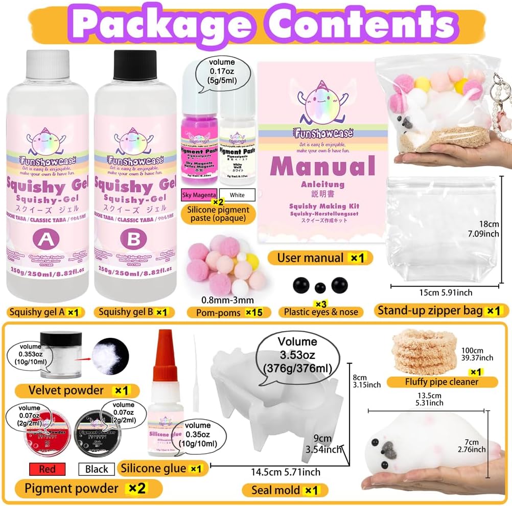 Taba Squishy Kit Big Seal Silicone Mold 6''+Liquid Gel+Flocking Cute Animal Making Set