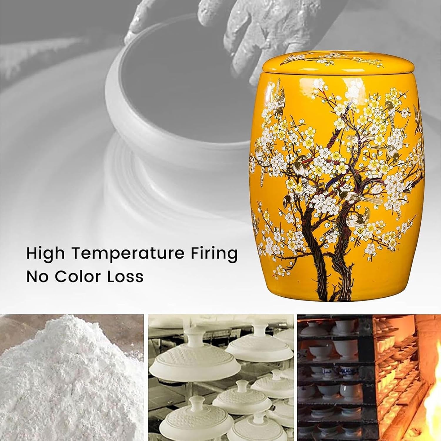 Large Ceramic Rice Jar Storage Container Rice Dispenser with Lids Ceramic Rice Bucket Container Cereals Grains Sealed Jar(Yellow,33lbs)