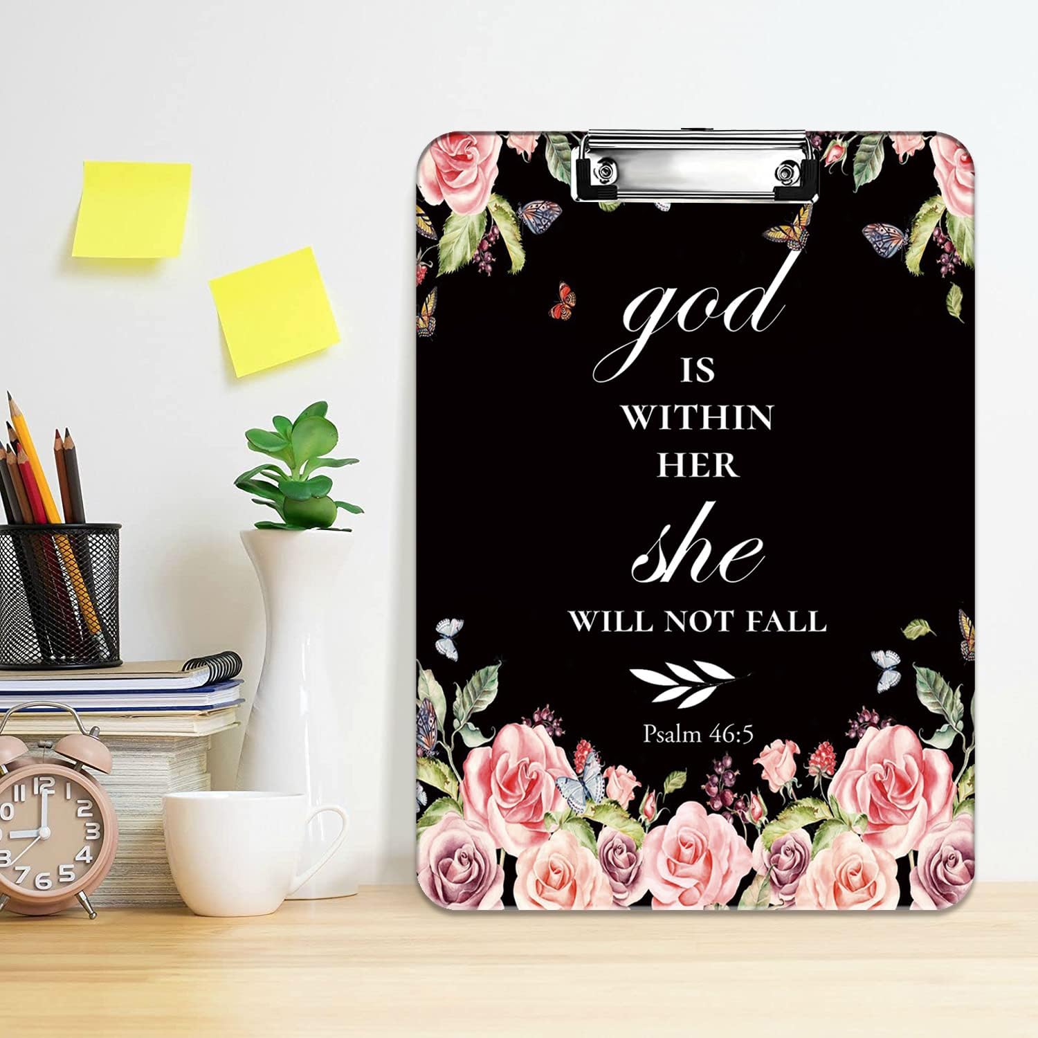 Plastic Clipboard and Pen Bag Combination, A4 Letter Size, Suitable for Offices and Home Decoration, Cute Custom Floral Quote Bible Verse Psalm 46-5 image 2