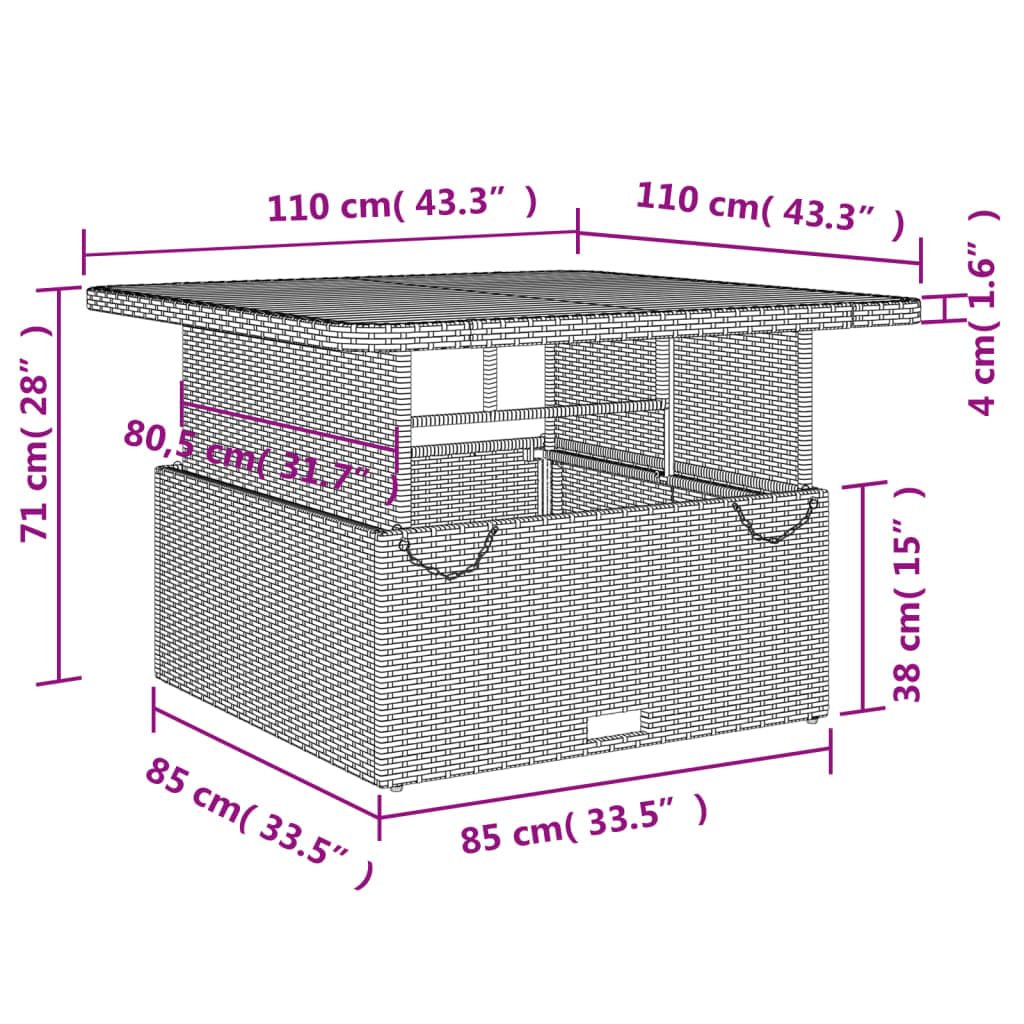 Conjunto de comedor de jardín para terraza con respaldo ajustable y tablero de mesa en color gris de poliratán, incluye cojines y fundas extraíbles