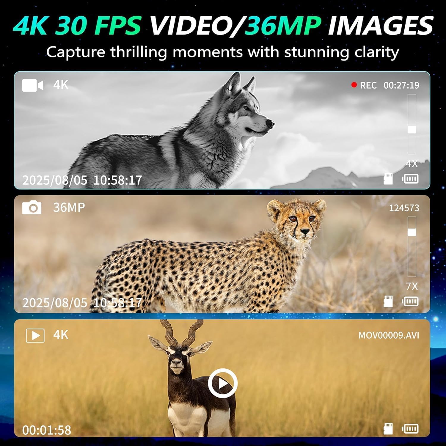 Nachtsichtgerät 4K 36MP 8X Digitaler Zoom Infrarot Fernglas 3" HD-Display 4500mAh IP54 Wasserdicht mit 32GB TF Karte