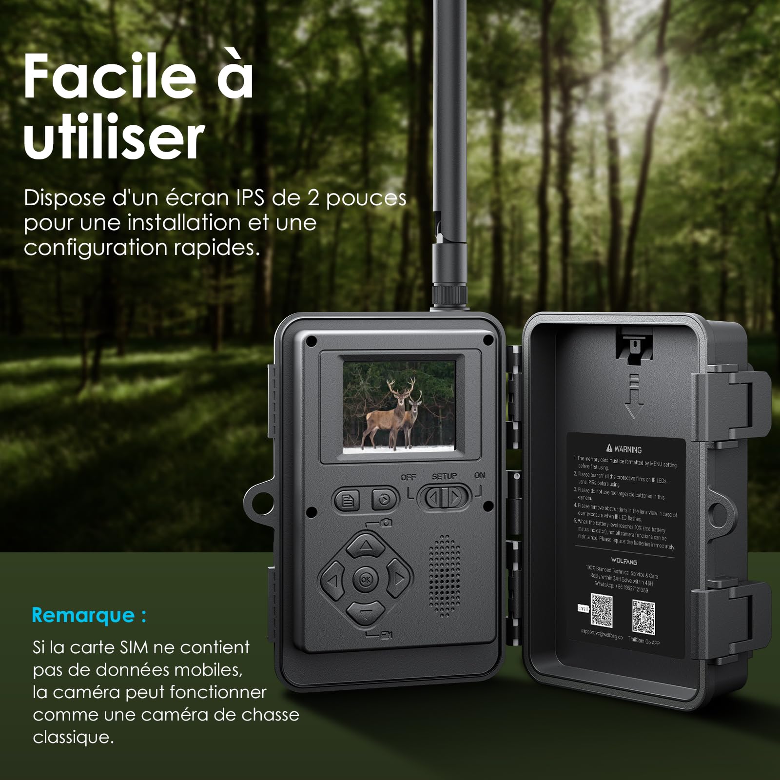 WOLFANG Caméra de Chasse 4G, 48 MP 2K HD Caméra Chasse avec Détection de Mouvement, Vision Nocturne, Déclenchement 0,2 s, IP66 Étanche pour l'observation des Animaux Noir