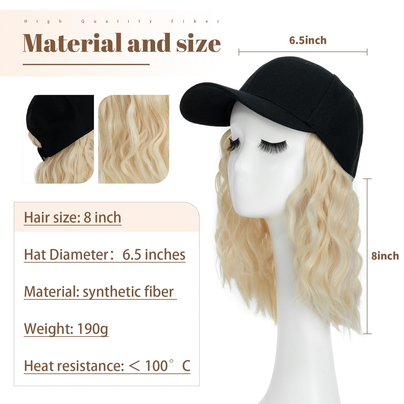 8 Inch Baseball Cap With Hair Extensions BOB Synthetic Hair With Attached Black Hat With One Piece Hair Extensions For Women - Image 2