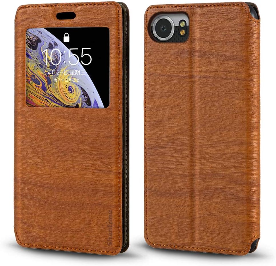 BlackBerry Keyone DTEK 70 Case, Wood Grain Leather Case with Card Holder and Window, Magnetic Flip Cover for BlackBerry Mercury