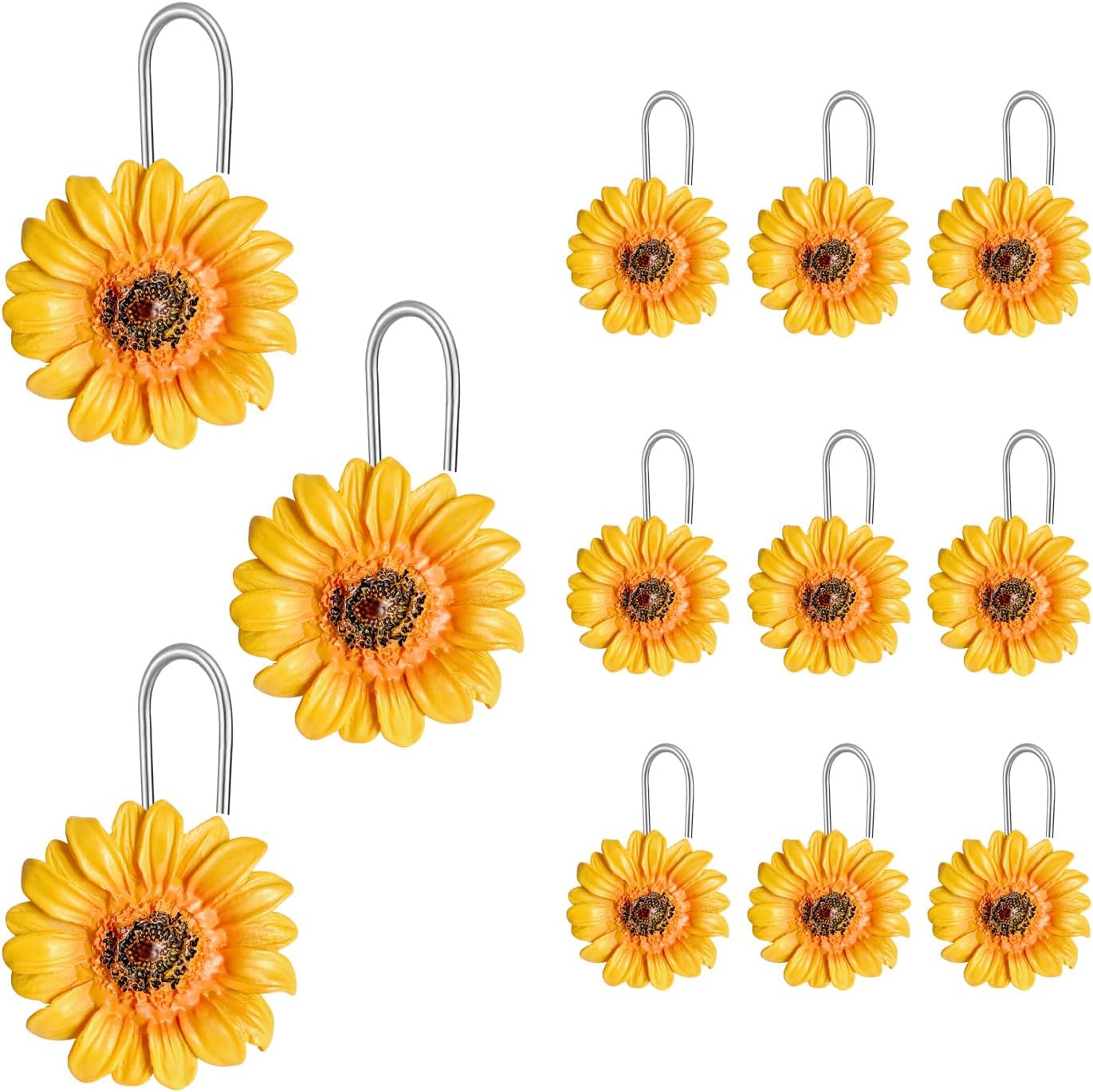 ACZHHZC 12PCS Yellow Sunflower Shower Curtain Decor Hooks, Cute Summer Flower Resin Stainless Steel Shower Rings Bathroom Accessories