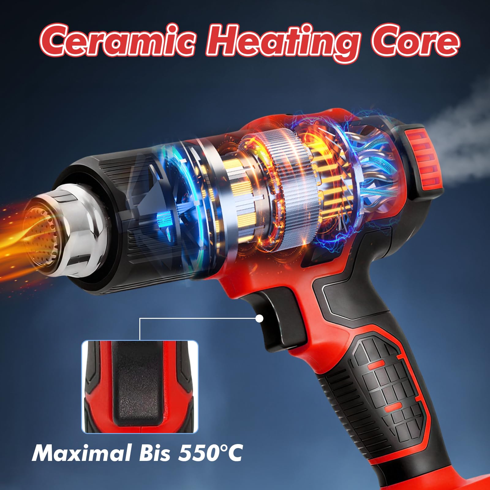Secador de aire caliente con batería para Makita 18V, soplador de aire caliente inalámbrico con pantalla LCD digital y 3 boquillas pistola de aire caliente, calentamiento rápido de 50-550°C para tubos