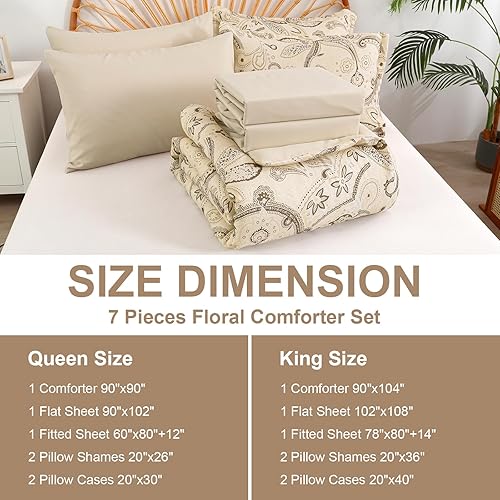 Miniatura 7 de Juego de edredón de cachemira tamaño Queen, 7 piezas de cama en una bolsa, edredón beige bohemio con estampado de cachemira, juego de ropa de cama