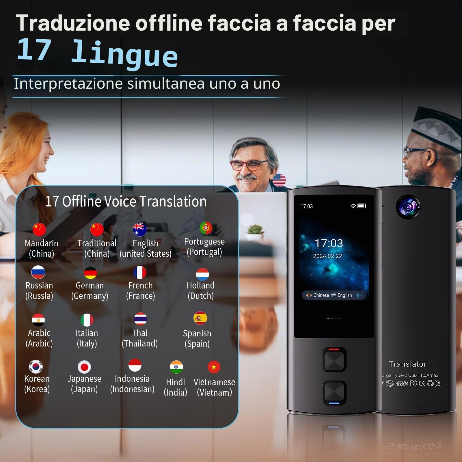 Dispositivo traduttore linguistico, traduttore vocale AI bidirezionale per traduzione vocale/testo/offline/foto, 138 lingue online con touchscreen da 3 pollici per viaggi di apprendimento