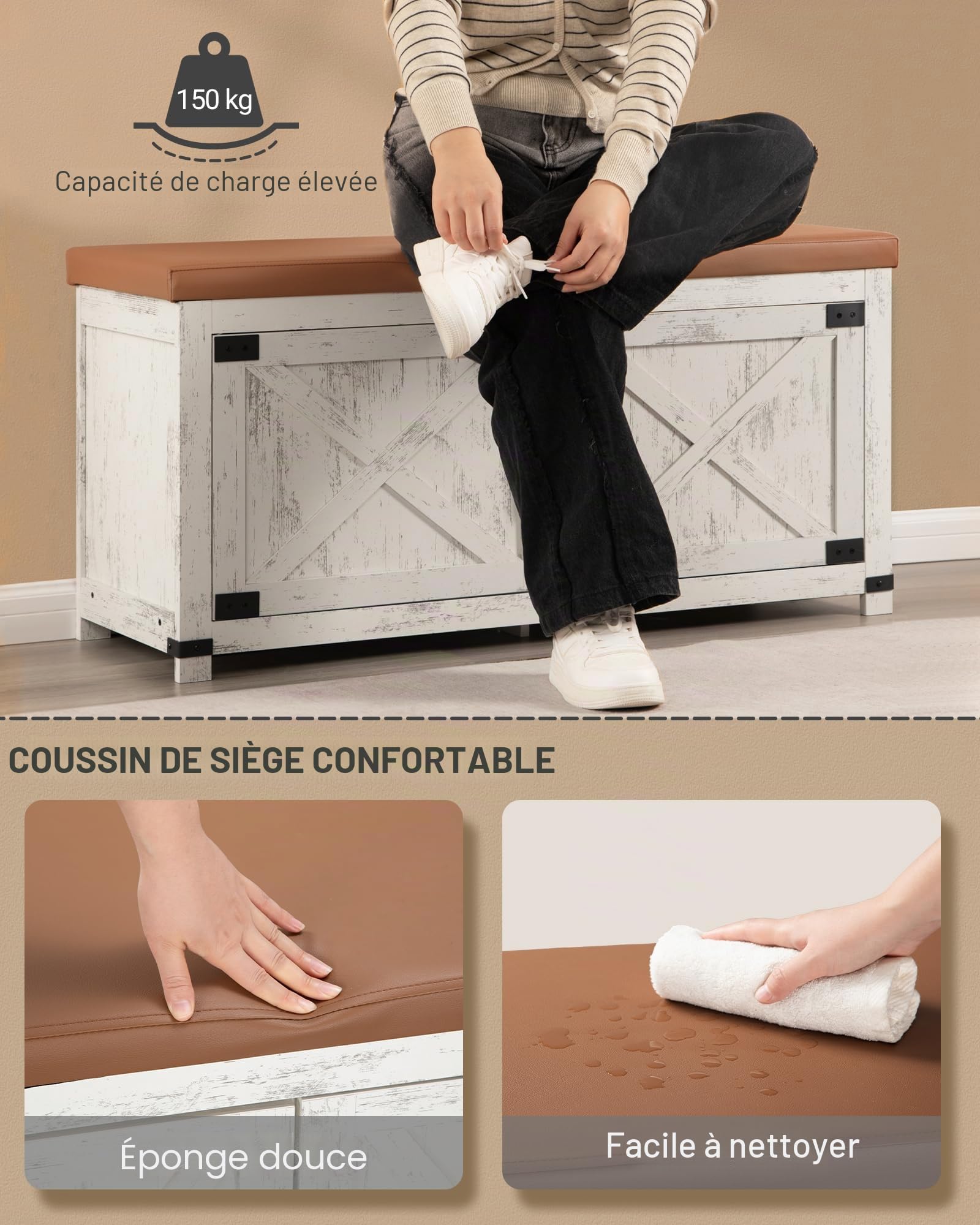 Hzuaneri Banc à Chaussures 2 Portes, Rétro Marron-Blanc, 35 x 100 x 49 cm | Banc d'entrée, Meuble Chaussure Entrée, Gagnez de l'espace, Convient pour Hall d'entrée, Entrée et Chambre, SB26614KA