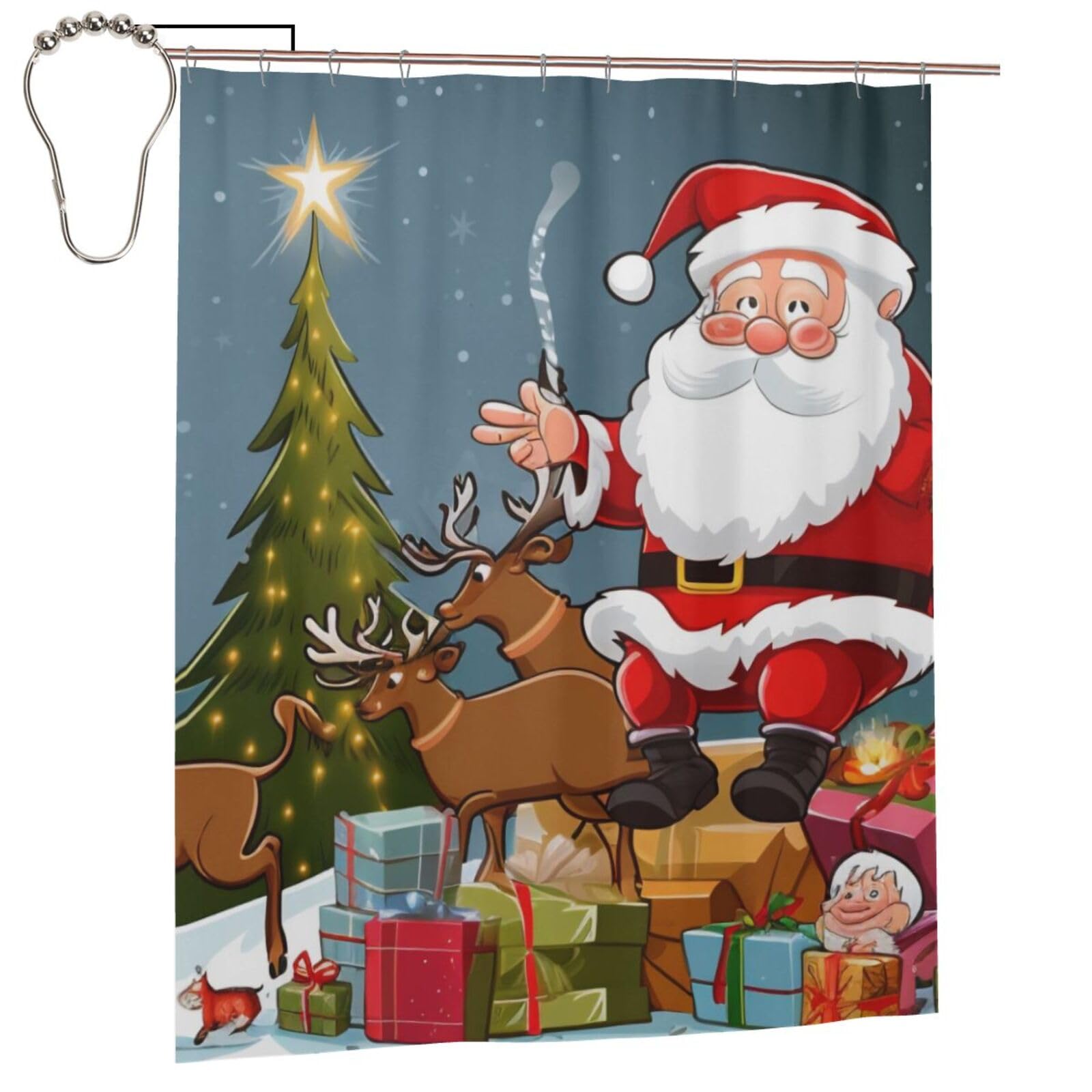 BWWHCCTI Merry Christmas print Printed Shower Curtain With 12 Iron Hooks Opaque Quick Drying Waterproof Shower Curtains Sets For Bathroom 152x183 Cm