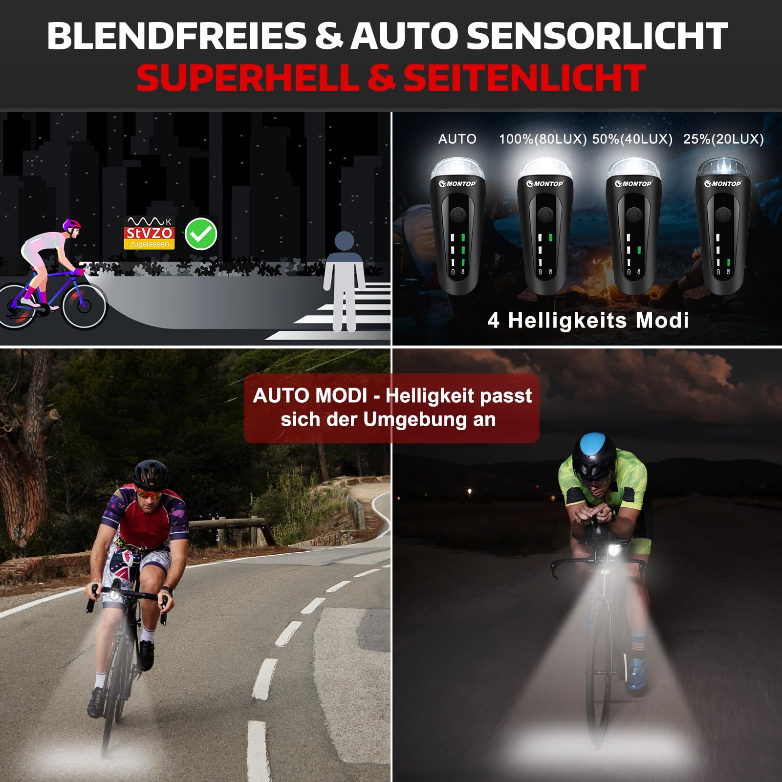 MONTOP Intelligente Fahrradlicht Set | StVZO Zugelassen Fahrradbeleuchtung mit Automatik-Modus | USB C Aufladbar Fahrradlichter Vorne und Hinten mit Bremslicht und Standlicht | 2026 Neuestes Modell