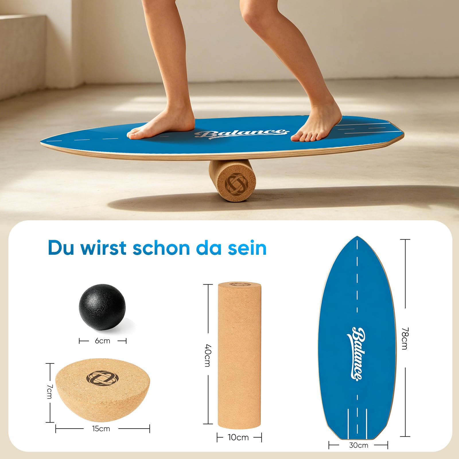 BRICH Balance Board Erwachsene mit Kork Halbkugel & Anti-Rutsch-Oberfläche – Professionelles Balance Board für Fitness, Rehabilitation und Home-Training inklusive Rolle, Balance Ball