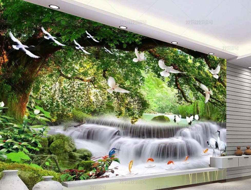 Papier Peint Intissé Cascades et Grues Poster Géant Mural Salon