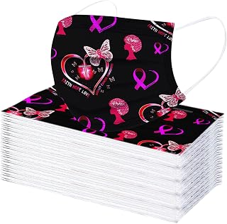 50PC Disposable Face_Mask, Pink Ribbon Print Adults 3-layer Mouth Bandanas Breathable Face Protection, Breast Cancer Awareness Hope Facial Protective Face Coverings For Women Men