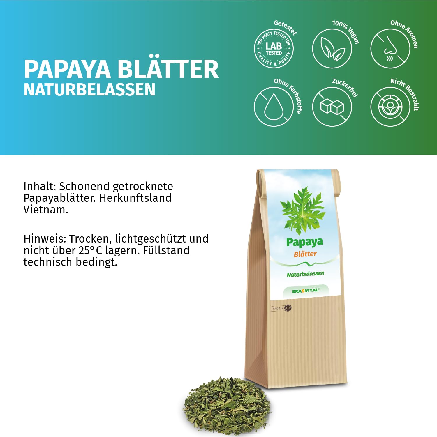 Papaya Tee gefriergetrocknete Blätter mit Stängel in Premiumqualität (500 g (1er Pack))