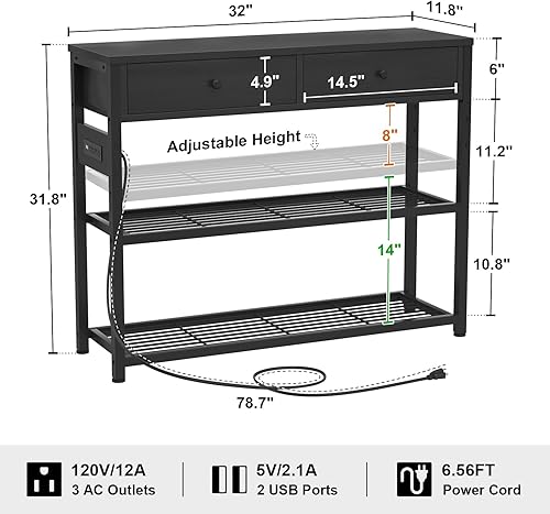 Miniatura 28 de Ecoprsio Mesa de entrada de 47 pulgadas con salidas y puertos USB, mesa consola con 3 cajones, mesa de sofá estrecha larga con estantes de Marrón