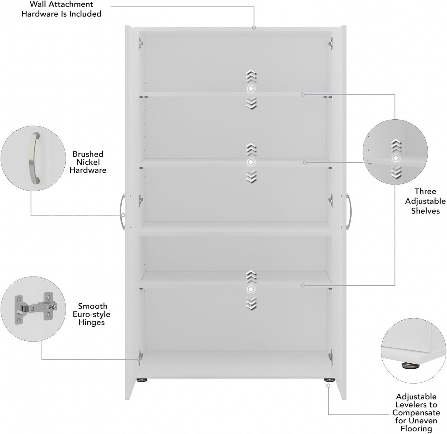 Bush Business Furniture Universal Laundry Storage Tall Linen Cabinet with Doors and Shelves, White