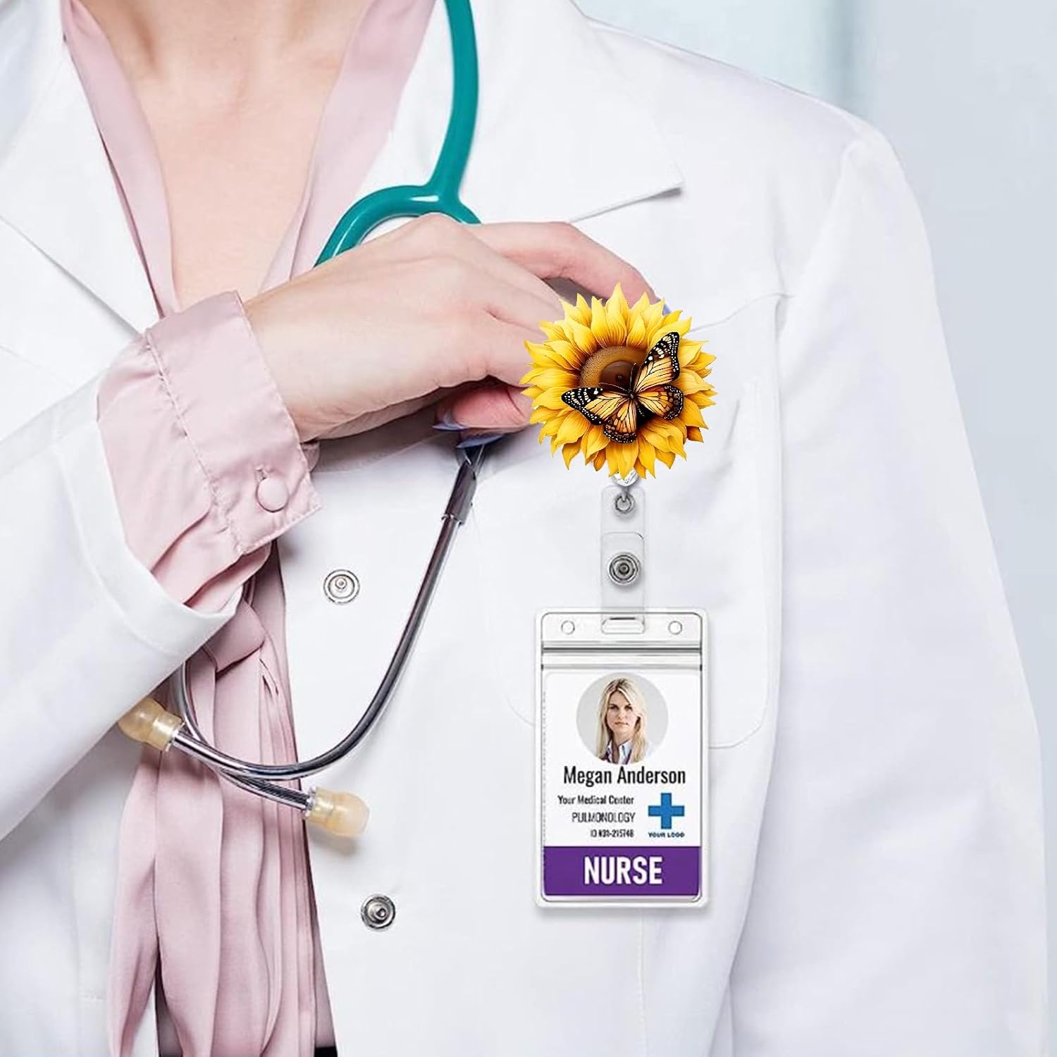 Yellow Sunflower Butterfly Badge Clip Cute Funny Badge Reels Retractable Name Badge Reel Glitter Badge Clip Summer Retractable Badge Holders Id Badge Reel for Nurse Doctor Student Office Gifts - Image 4