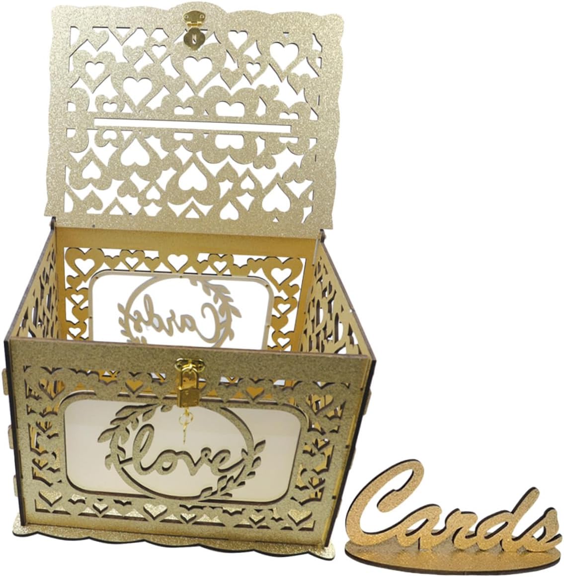 Wooden Hollow Greeting Card Box Glitter Anniversary Card Holder Wedding Reception Envelope Money Storage Container for Party Decorations