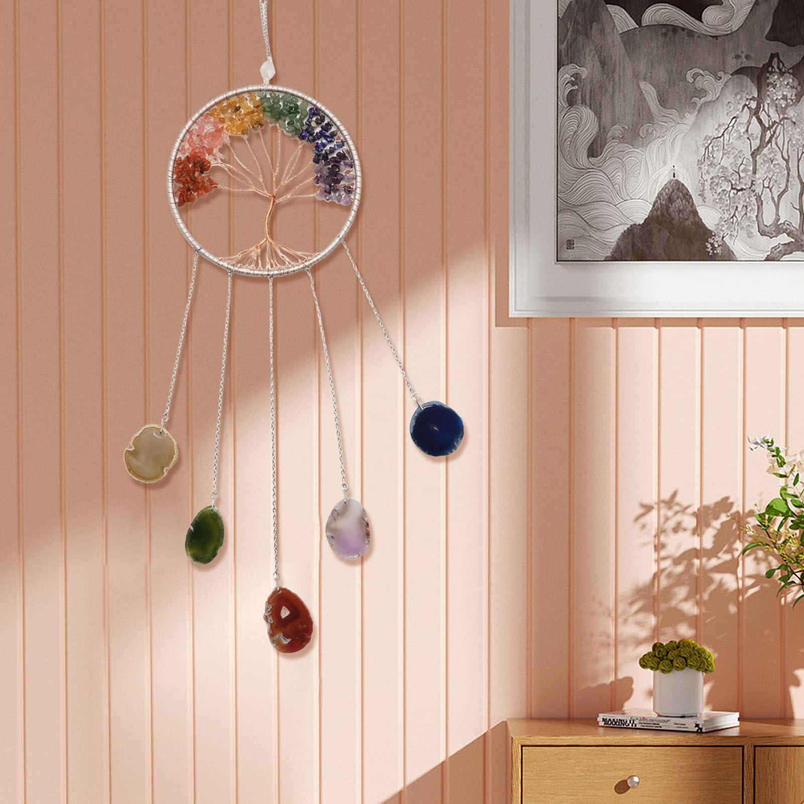 Hoypeyfiy Cristales árbol de la vida atrapasueños, piedra preciosa natural ágata chakra escudo colgante de pared decoración del hogar para meditación yoga arte de pared