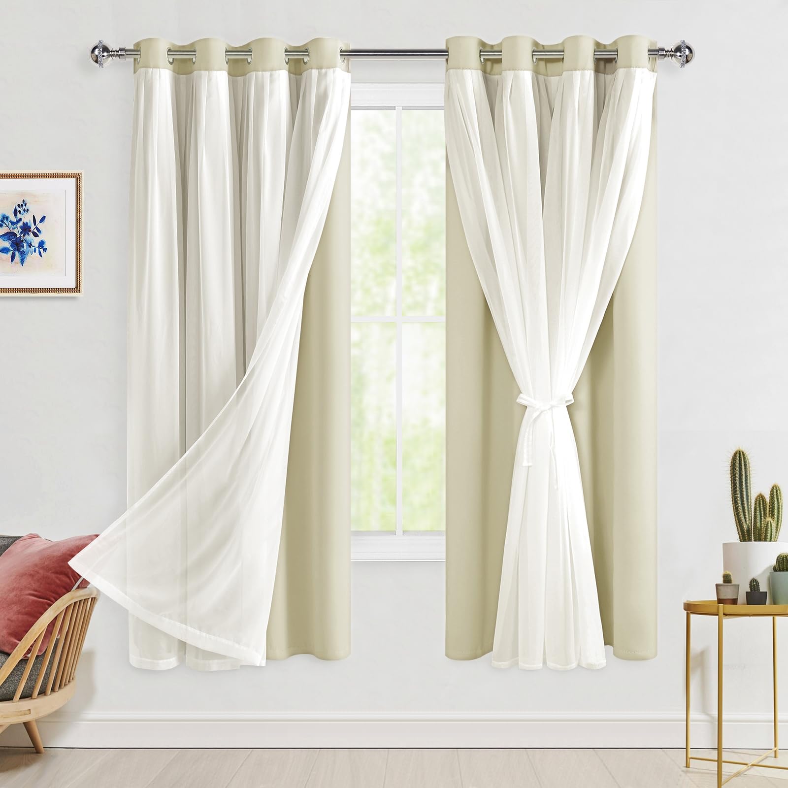 Hiasan Blackout Curtains with Sheer Overlay, Thermal Insulated Privacy Mix and Match Double Layer Window Curtains for Bedroom, Living Room, 2 Drape Panels Sewn with Tiebacks, Light Beige, 52W X 63L