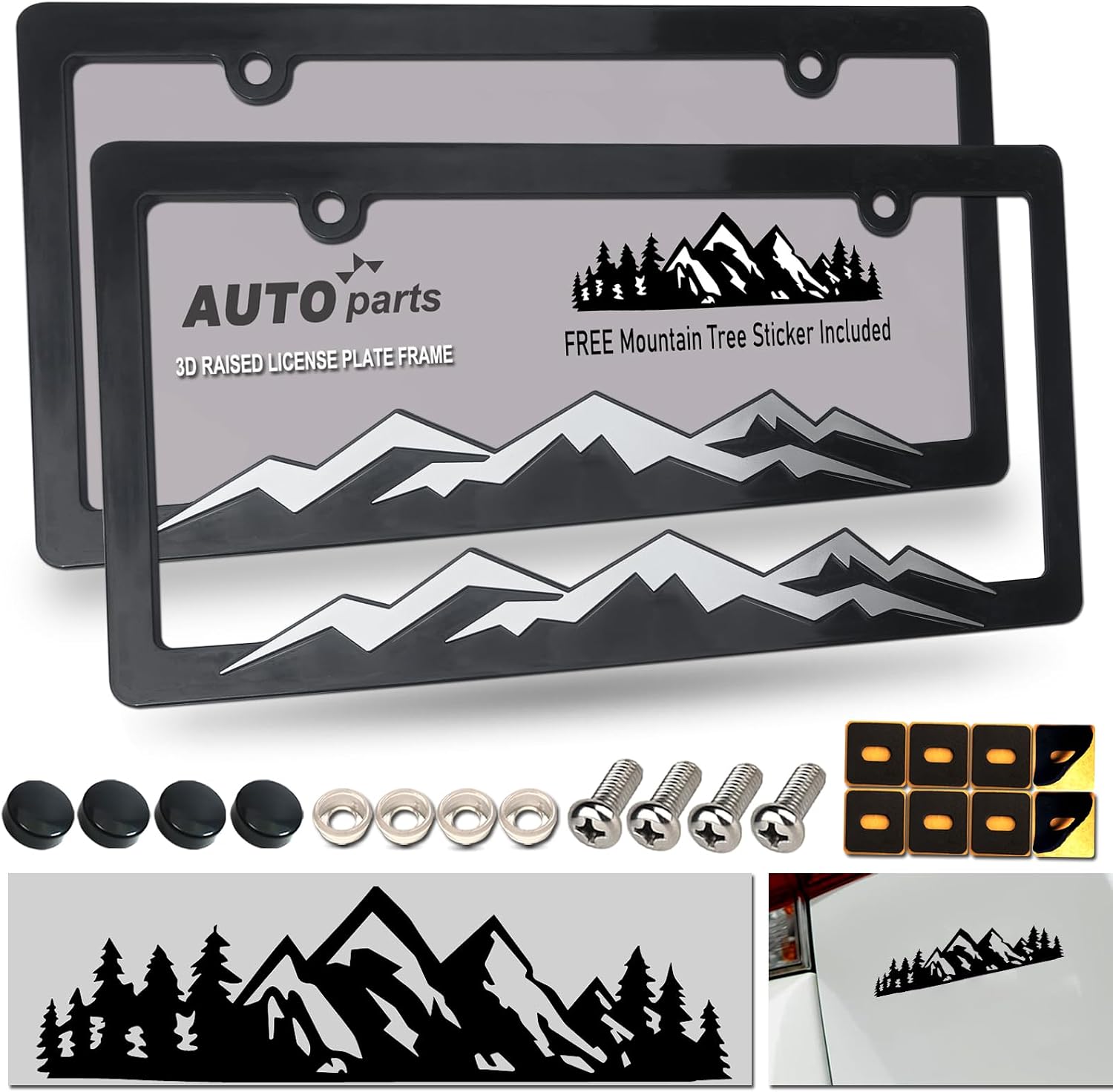ZXFOOG Mountain License Plate Frames- Plastic Black Car Tag Holder Bracket with Screws Caps, 2 Packs 2 Hole, Silver on Black, Mountain Vinyl Sticker Included