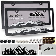 ZXFOOG Mountain License Plate Frames- Plastic Black Car Tag Holder Bracket with Screws Caps, 2 Packs 2 Hole, Silver on Black, Mountain Vinyl Sticker Included