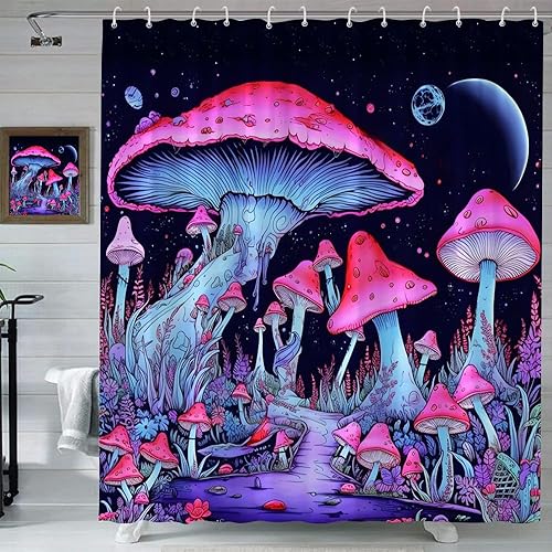 Miniatura 2 de Cortina de ducha de hongos de fantasía, morados, arbustos altos, hongos, espacio exterior negro, luna llena, cielo estrellado, planeta, cuentos de