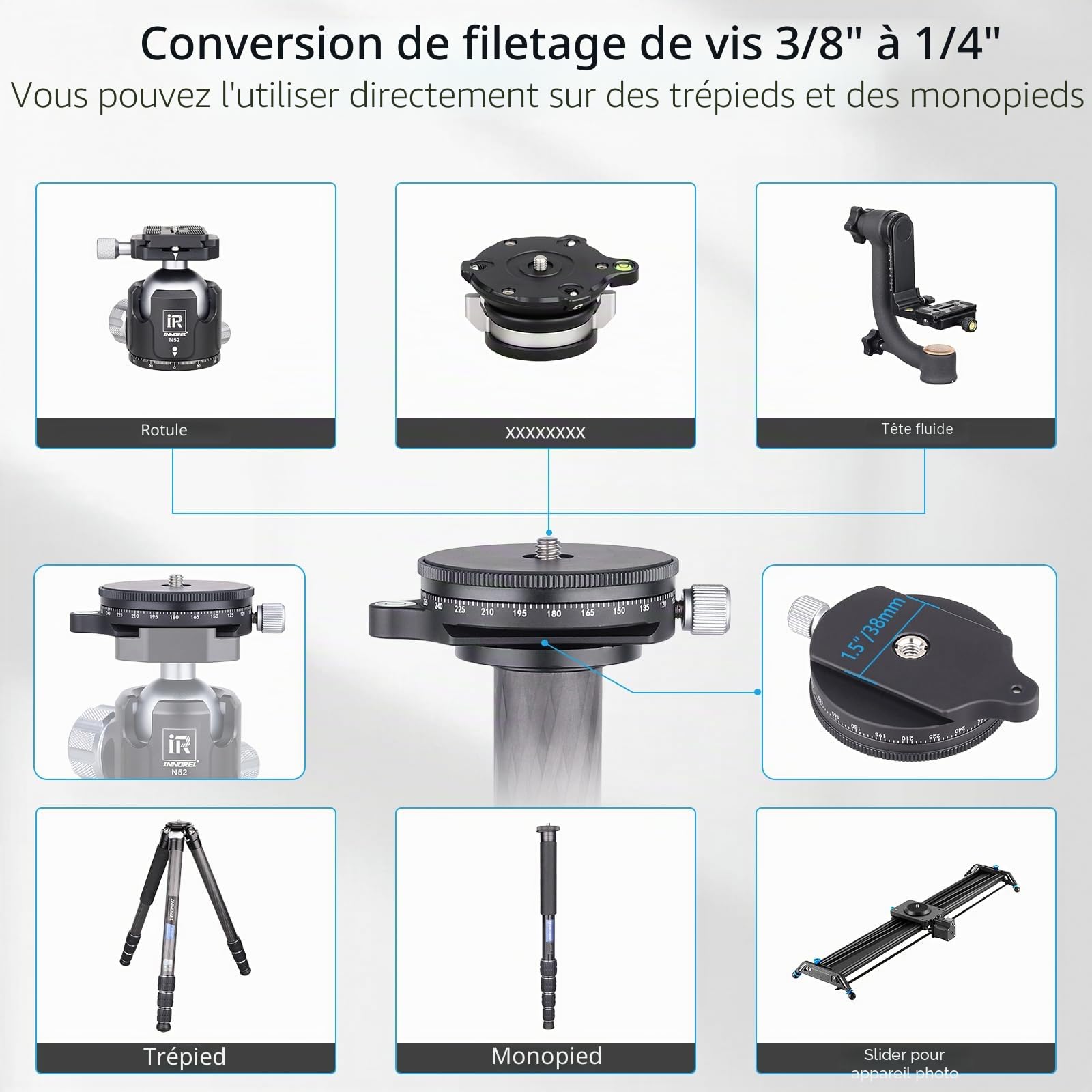 ARTCISE Appareil Photo Base panoramique panoramique avec Plaque de Style, tête panoramique avec Niveau à Bulle pour trépied Monopode appareils Photo Reflex numériques, Charge maximale : 15 kg.