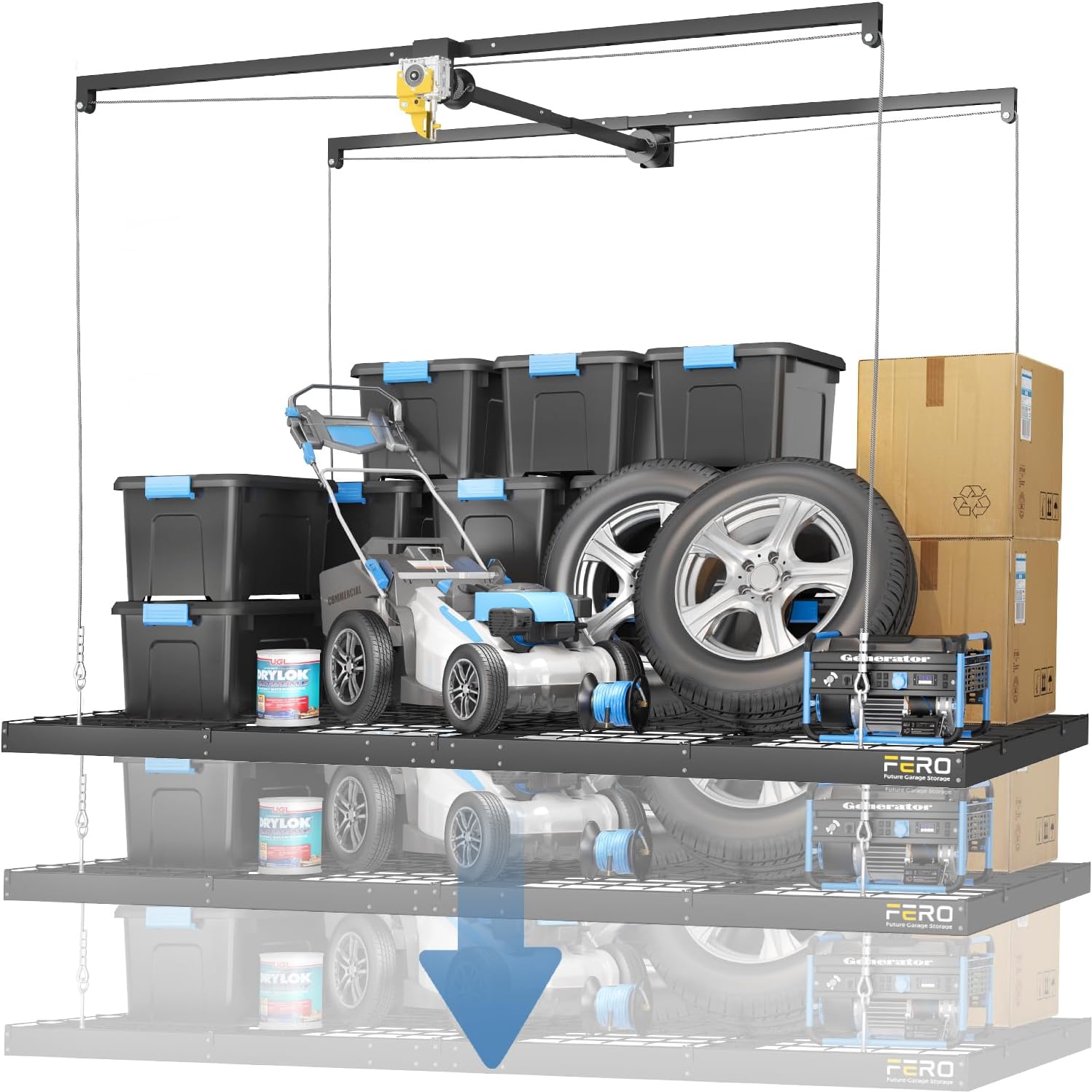 Overhead Garage Storage Rack – 4x8 FT Garage Ceiling Storage Racks with Safety Lock, Heavy-Duty Ceiling Mounted Lift System and Storage Organizer, Ideal for Maximizing Overhead Space, 325 lbs Capacity