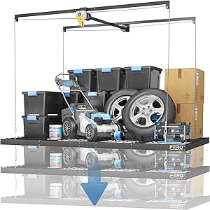 Overhead Garage Storage Rack – 4x8 FT Ceiling Mount with Safety Lock, Heavy-Duty Lift System, 325 lbs Capacity