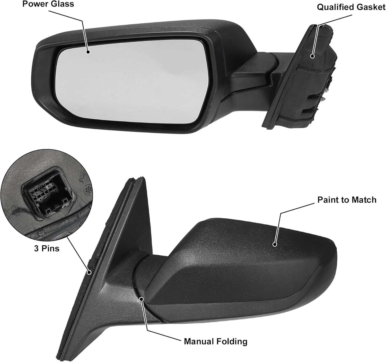 X AUTOHAUX Door Mirror Assembly Left Driver Side for Chevrolet Malibu 2016-2022 Power Glass Non-Heated Manual Folding 3 Pins Black Paint to Match Replace No.84288097