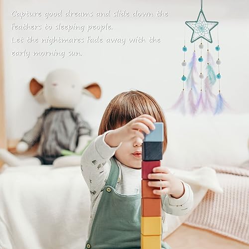 Miniatura 7 de Pretty Jolly Atrapasueños de estrella verde para niños, decoración de pared con pompón, plumas, atrapasueños para bebés, hecho a mano, atrapasueños