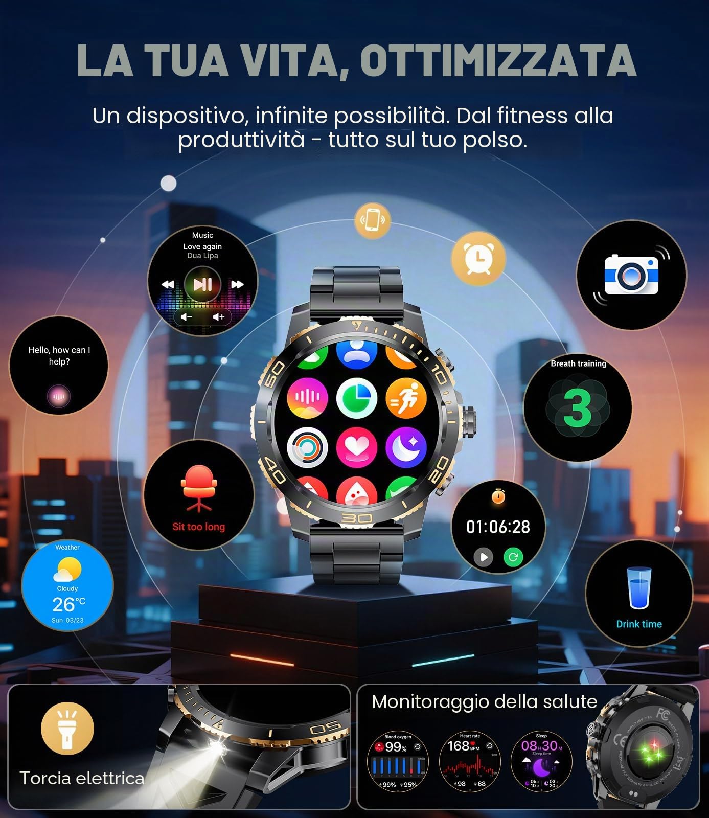 LIGE Orologio Smartwatch Uomo, 800mAh 1.43" AMOLED Smart Watch con 24/7 Frequenza Cardiaca, SpO2, Durata del Sonno, Impermeabile IP68, 200+ Sports Fitness Tracker Orologio per Android iOS Nero
