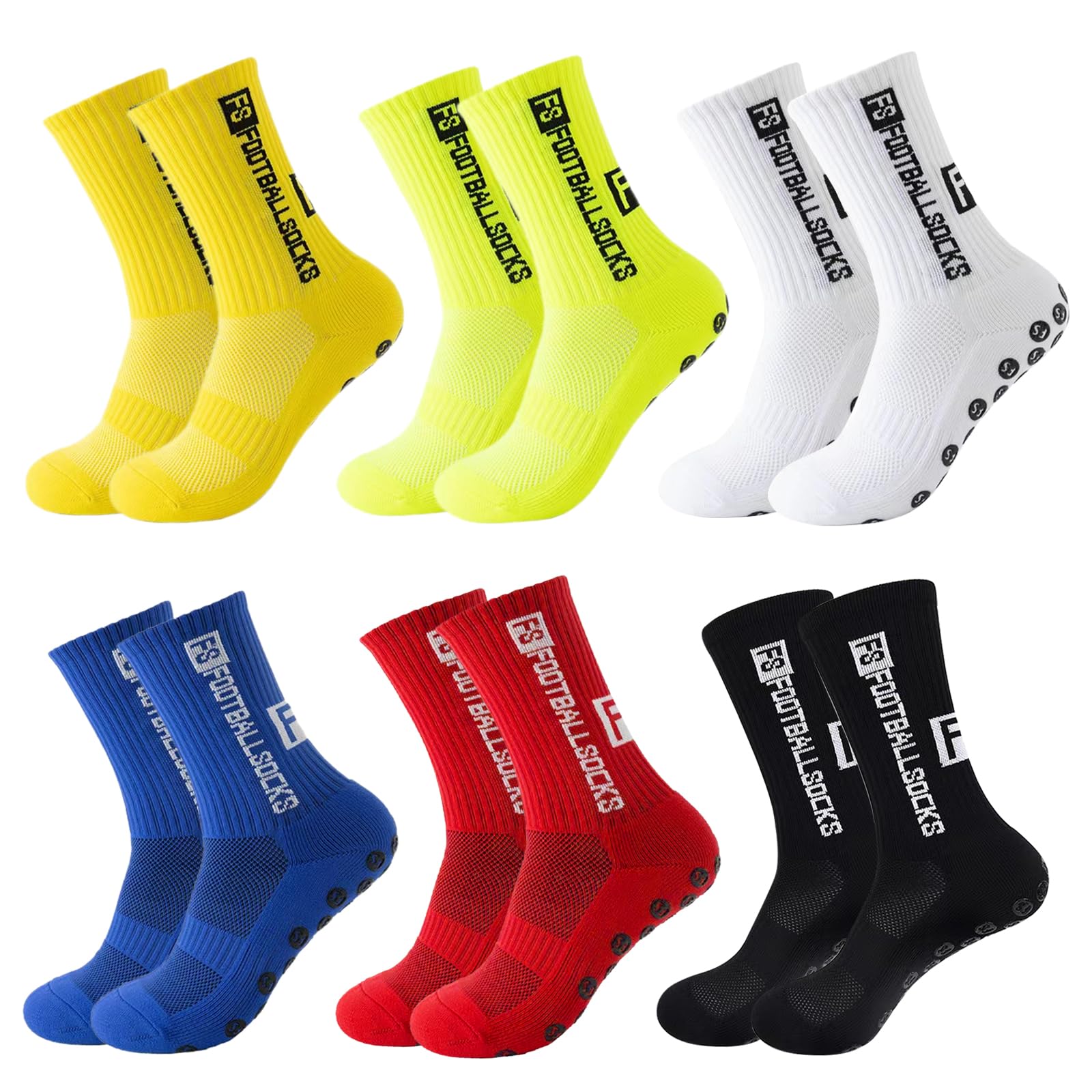 4 Paires de chaussettes de sport de football antidérapantes, Chaussettes de Football Respirant, chaussette foot (Blanc + Bleu + Couleur Fluorescente + Jaune)