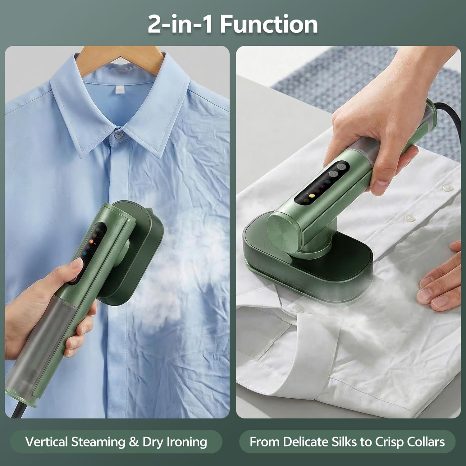 Portable Garment Steamer for Clothes, 100-220V Handheld Travel Steamer for Global, 2-in-1 Compact Clothes Steamer & Iron with 20g/min Steam, 90° Rotating Head Wrinkle Remover for Home & Travel(Green)