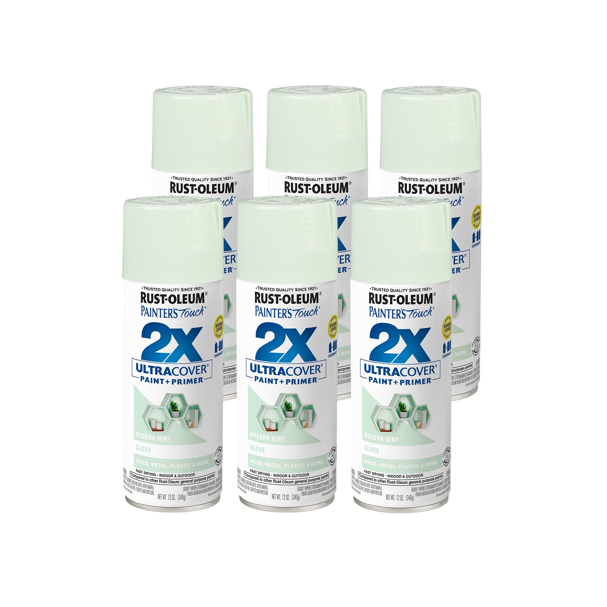 Rust-Oleum 329200-6PK Painter's Touch 2X Ultra Cover Spray Paint, 12 oz, Gloss Modern Mint, 6 Pack